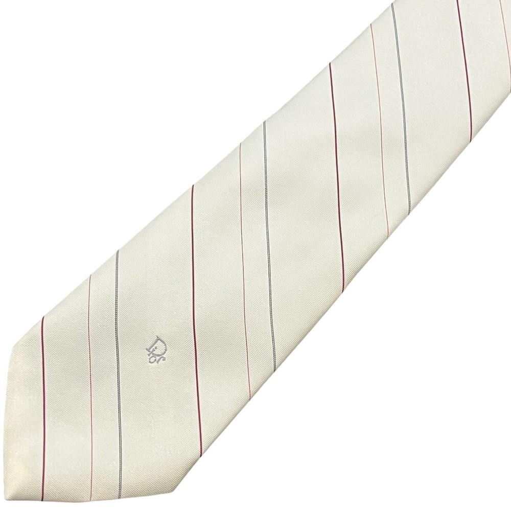 Christian Dior‎ Necktie Mens Cream Pinstripe Silk Blend Logo USA Preppy
